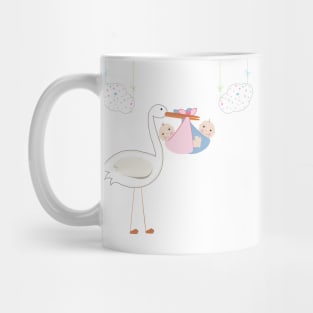 Twin baby with stork, baby arrival card Mug